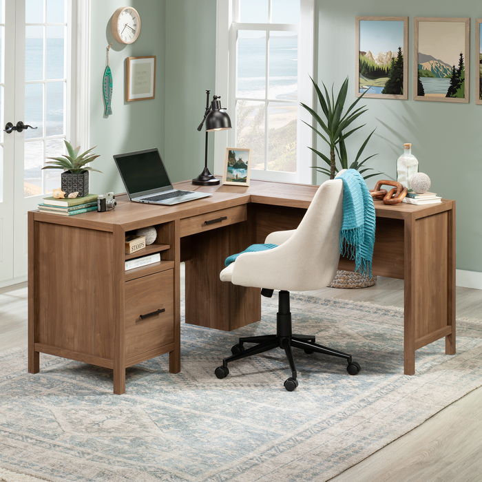 Martin 58.43\" L-Shaped Office Desk with 2 Drawers – Saddle Walnut