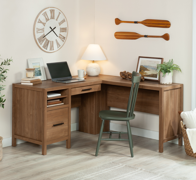 Martin 58.43\" L-Shaped Office Desk with 2 Drawers – Saddle Walnut