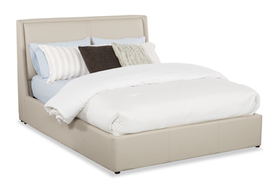 Nico Upholstered Storage Platform Bed in Vegan Leather Taupe Fabric, Hyrdraulic Lift  - Queen Size | Lit plateforme rembourré Nico en tissu de cuir végétalien taupe avec rangement et levage hydraulique - format grand lit