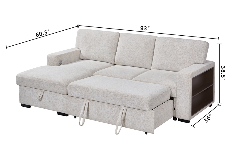 Pocket 2-piece Left-facing Linen-Look Fabric Sleeper Sectional with Storage - Beige