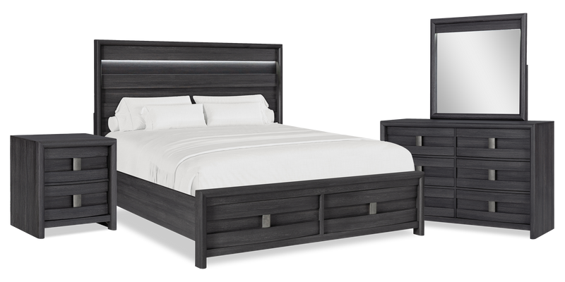 Rocco 6pc Bedroom Set, LED Storage Bed, Dresser, Mirror & Nightstand, Dark Grey - King Size