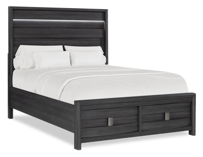 Rocco Storage Bed with 2 Built-In Footboard Drawers & LED Lit Headboard, Dark Grey - Queen Size  | Lit de rangement Rocco avec 2 tiroirs de pied de lit intégrés et tête de lit illuminée à DEL, gris foncé - format grand lit