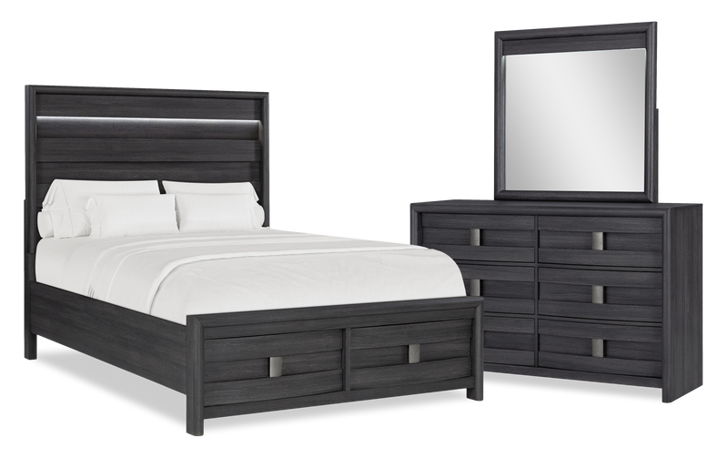 Rocco 5pc Bedroom Set with LED Lit Storage Bed, Dresser & Mirror, Dark Grey - Queen Size