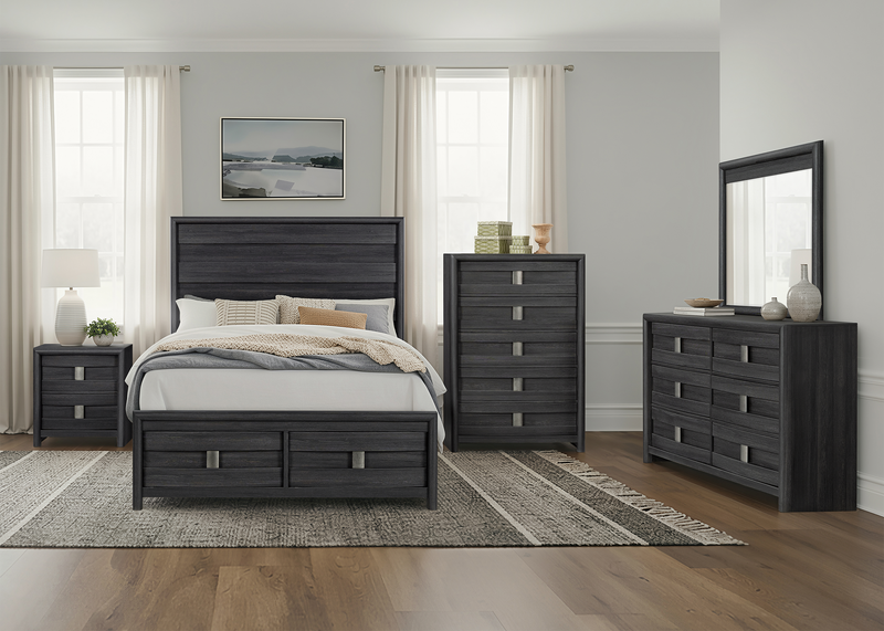 Rocco 5pc Bedroom Set with LED Lit Storage Bed, Dresser & Mirror, Dark Grey - Queen Size