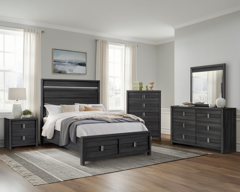 Rocco 5pc Bedroom Set with LED Lit Storage Bed, Dresser & Mirror, Dark Grey - Queen Size