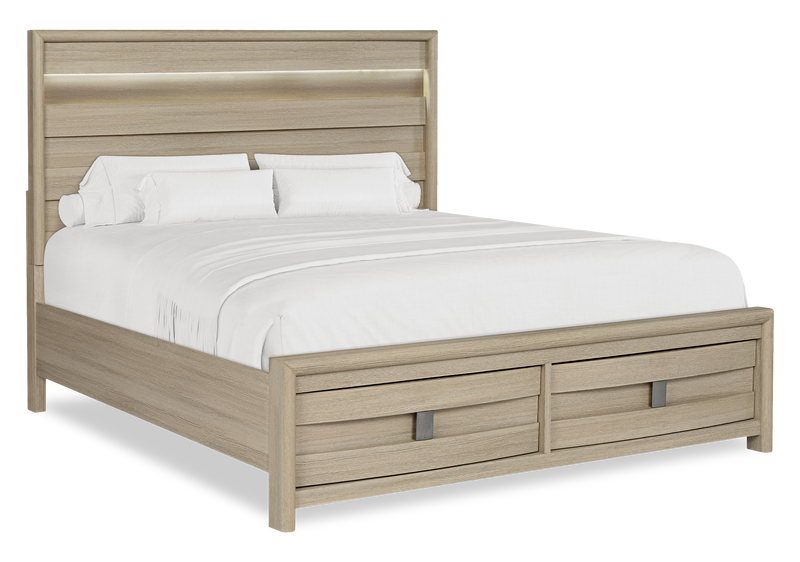 Rocco Storage Bed with 2 Built-In Footboard Drawers & LED Lit Headboard, Light Brown - King Size