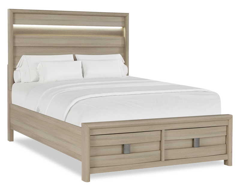 Rocco Storage Bed with 2 Built-In Footboard Drawers & LED Lit Headboard, Light Brown - Queen Size