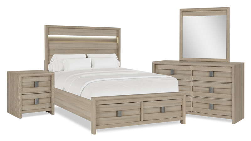 Rocco 6pc Bedroom Set, LED Storage Bed, Dresser, Mirror & Nightstand, Light Brown - Queen Size