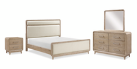 Sasha 6pc Bedroom Set with Fabric Bed, Dresser, Mirror & Nightstand, Natural Oak Brown - King Size