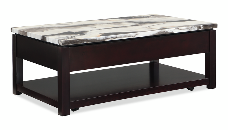 Sicily 48” Traditional Lift-Top Coffee Table with Storage and Casters – Dark Brown Base with Cream Marble Look Top