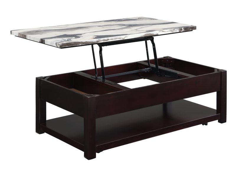 Sicily 48” Traditional Lift-Top Coffee Table with Storage and Casters – Dark Brown Base with Cream Marble Look Top