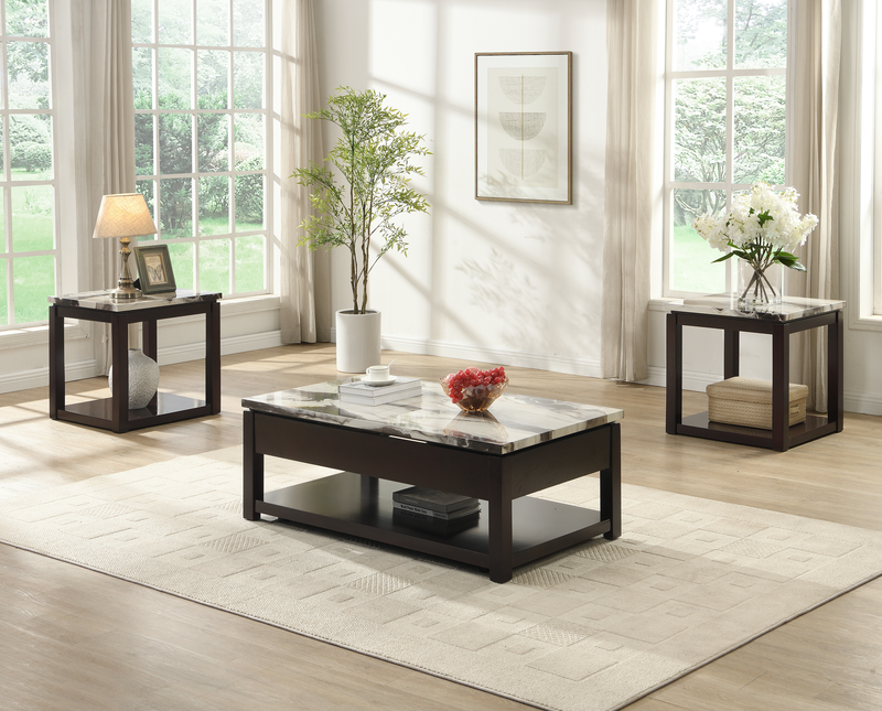  Sicily 22\" Traditional End Table with Shelf - Dark Brown Base with Cream Marble Look Top