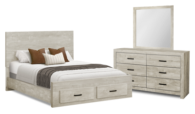 Soren 5pc Bedroom Set with Storage Bed, Dresser & Mirror, Bleached Oak - Queen Size | Ensemble de chambre à coucher Soren 5 pièces avec lit de rangement, commode et miroir, chêne blanchi - format grand lit