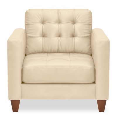 Theo 37" Top-Grain Genuine Leather Chair with Removable Back Cushion and Wood Feet – Stone |  Fauteuil Theo de 37 po en cuir véritable de qualité supérieure avec coussin de dossier amovible et pattes en bois - pierre