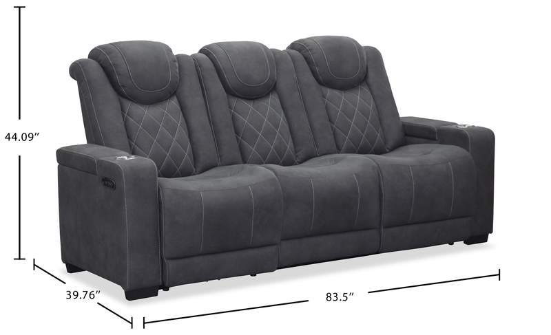 Venture 83.5” Faux Suede Power Reclining Sofa with Power Headrests, Cupholders, and USB Port - Grey
