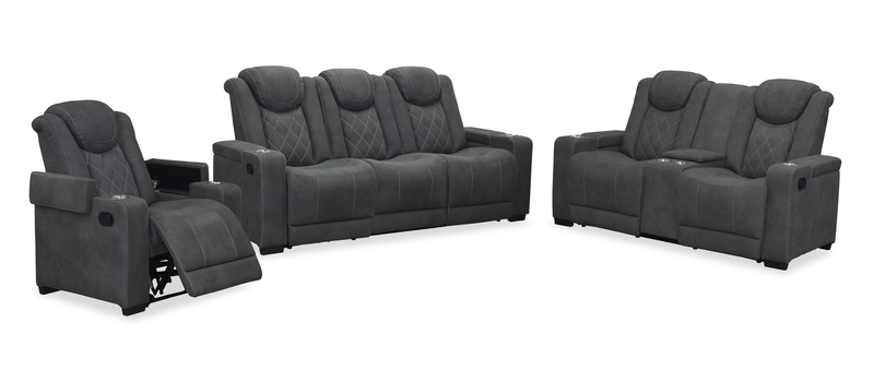 Venture 83.5” Faux Suede Reclining Sofa with Storage, Cupholders, and USB Port - Grey