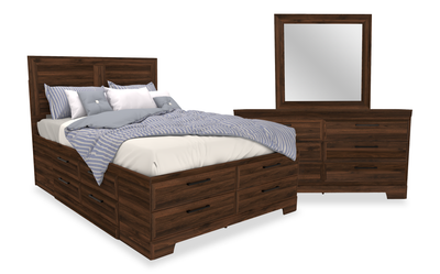 Yorkdale 5pc Bedroom Set with 12-Drawer Storage Bed, Dresser & Mirror, Walnut Brown- Full Size | Ensemble de chambre à coucher Yorkdale 5 pièces avec lit de rangement à 12 tiroirs, commode et miroir, brun noyer - format lit double