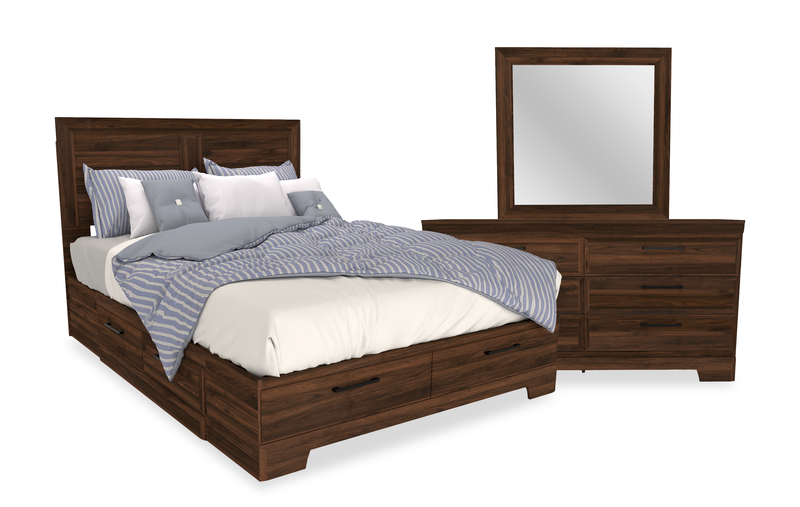 Yorkdale 5pc Bedroom Set with 6-Drawer Storage Bed, Dresser & Mirror, Walnut Brown - Queen Size