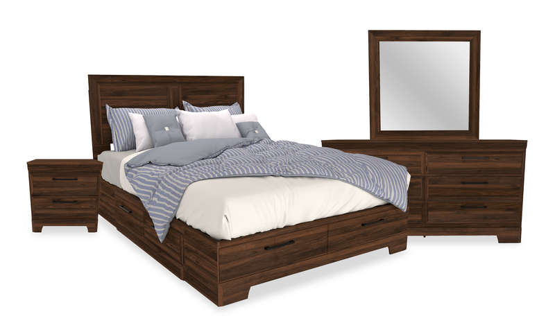 Yorkdale 6pc Set, 6-Drawer Bed, Dresser, Mirror & Nightstand, Walnut Brown- Queen Size