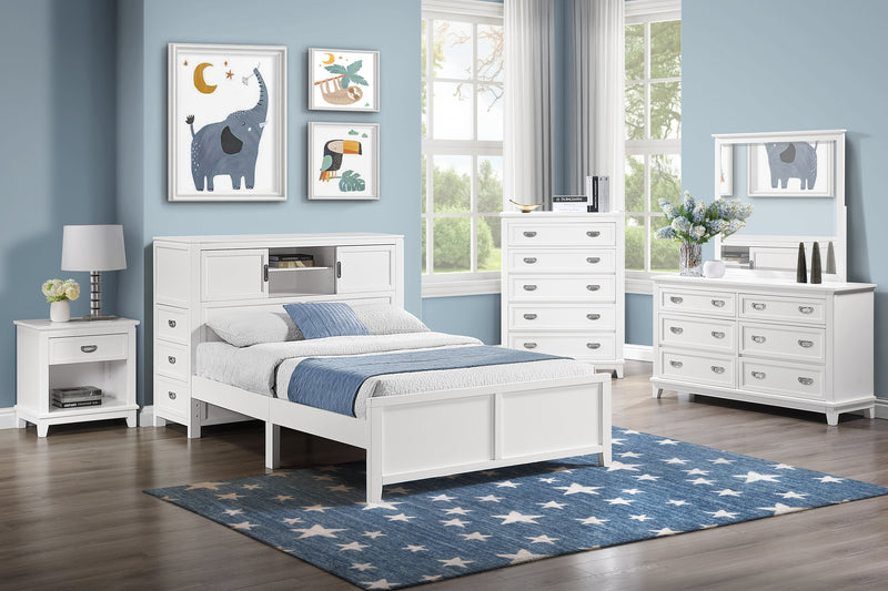 Quinn Platform Bed with Bookcase Headboard, Built-in Desk & Stool, White - Full Size