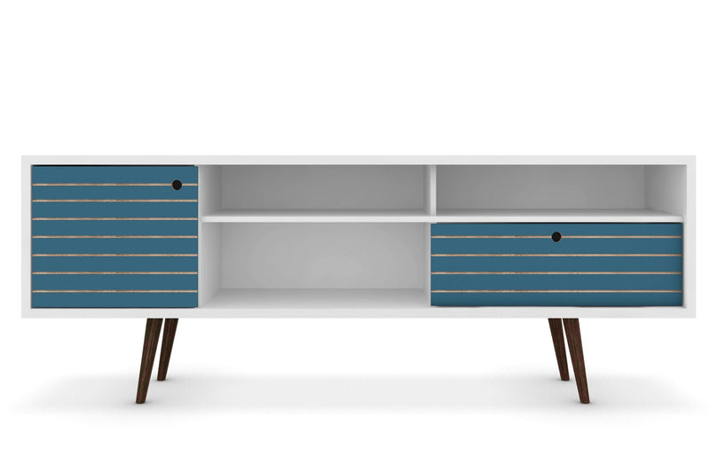 Manhattan Comfort Liberty 70.86\" Mid-Century Modern TV Stand with 4 Shelving Spaces & 1 Drawer - White & Aqua Blue