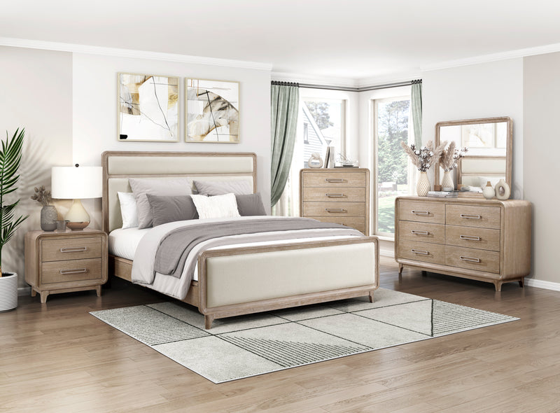 Sasha Panel Bed with Fabric Headboard & Footboard, Natural Oak Brown - King Size