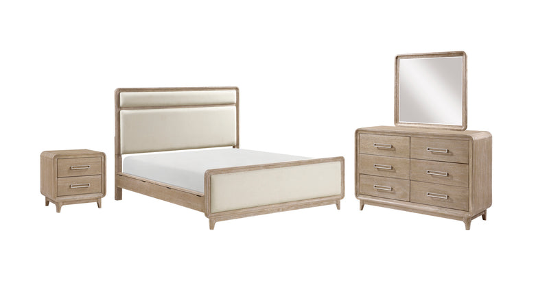 Sasha 6pc Bedroom Set with Fabric Bed, Dresser, Mirror & Nightstand, Natural Oak Brown - Queen Size