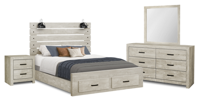 Soren 6pc Bedroom Set with Storage Bed, Dresser, Mirror & Nightstand, LED, Bleached Oak - Queen | Ensemble de chambre à coucher Soren 6 pièces avec lit de rangement, commode, miroir, table de nuit et éclairage à DEL , chêne blanchi - grand lit