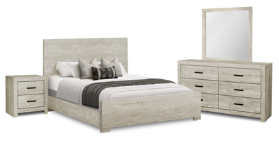 Soren 6pc Bedroom Set with Panel Bed, Dresser, Mirror & Nightstand, Bleached Oak - Queen Size | Ensemble de chambre à coucher Soren 6 pièces avec lit à panneaux, commode, miroir et table de nuit, chêne blanchi - format grand lit