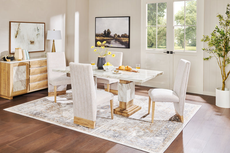 Vega Dining Table, Marble Look, Pedestal Base, 82\"W - Natural & White