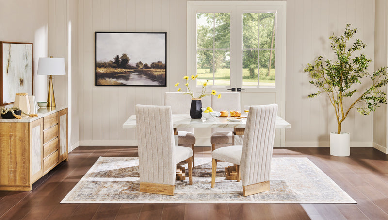 Vega 5pc Dining Set with Table & 4 Chairs, Marble Look, Pedestal Base, 82\"W - Natural & White