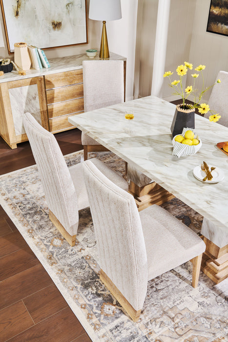 Vega Dining Table, Marble Look, Pedestal Base, 82\"W - Natural & White