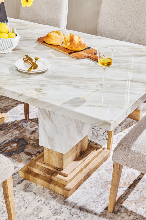Vega Dining Table, Marble Look, Pedestal Base, 82\"W - Natural & White