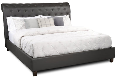 Tulsa Upholstered Platform Bed in Grey Vegan-Leather Fabric, Button Tufted - King Size  | Lit plateforme rembourré Tulsa en tissu de cuir végétalien gris avec capitonnage à boutons - format très grand lit