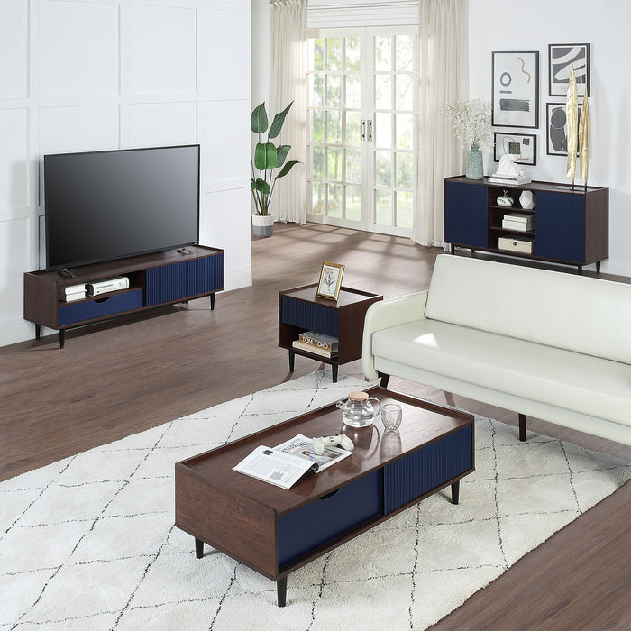 Manhattan Comfort Duane 59.25\" Modern Ribbed TV Stand - Dark Brown & Navy Blue