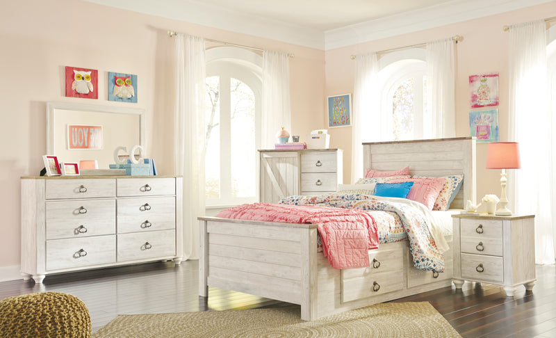 Willowton Platform Storage Bed with Headboard & Frame for Kids, Whitewash - Full Size