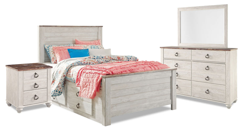 Willowton 6pc Bedroom Set with Platform Storage Bed, Dresser, Mirror & Nightstand, Whitewash - Twin