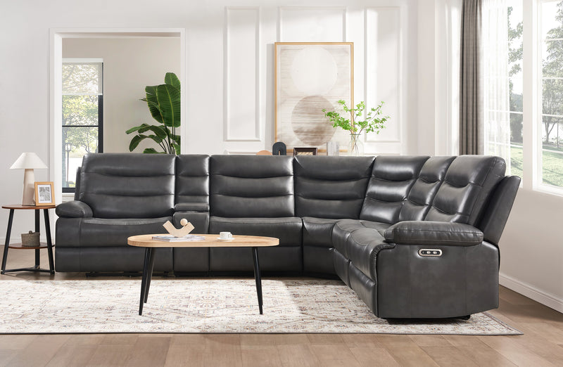 Zayne 6-Piece Leather-Look Fabric Power Reclining Sectional with Storage Console and USB Charging Ports – Grey