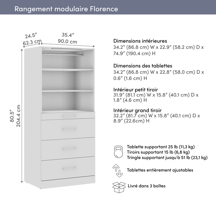 Bestar Florence 36\" Modular Reach-In/Walk-In Closet System Tower with LED Light, Shelves and 4 Drawers Slab Style - White