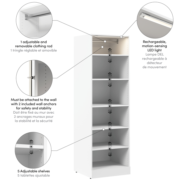 Bestar Florence 25\" Modular Reach-In/Walk-In Closet System with LED Light and Shelves - White