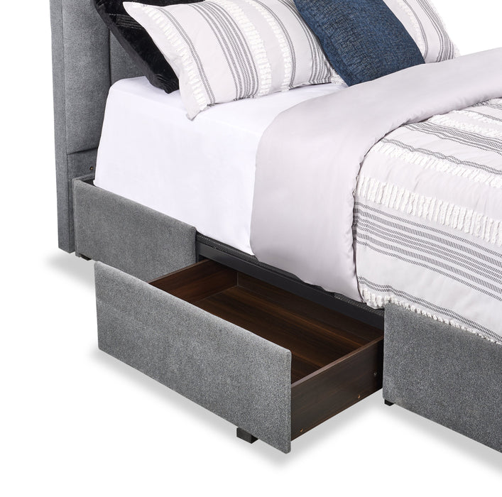 Amos Upholstered Storage Bed in Charcoal Fabric with Channelled Headboard & 3 Built-in Drawers - Queen Size