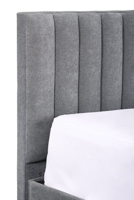 Amos Upholstered Storage Bed in Charcoal Fabric with Channelled Headboard & 3 Built-in Drawers - Queen Size
