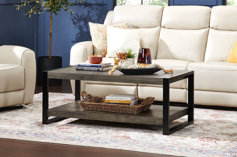 Apex 48\" Modern Coffee Table with Shelf - Grey with Black Metal Legs