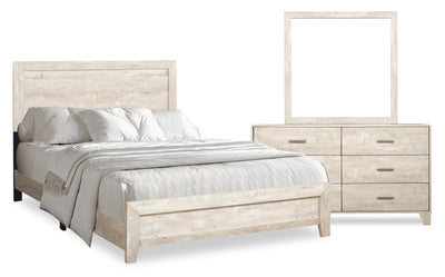 Arbor 5pc Bedroom Set with Panel Bed, Dresser & Mirror, Driftwood White  - Full Size | Ensemble de chambre à coucher Arbor 5 pièces bois de grève blanc avec lit à panneaux, commode et miroir - format lit double