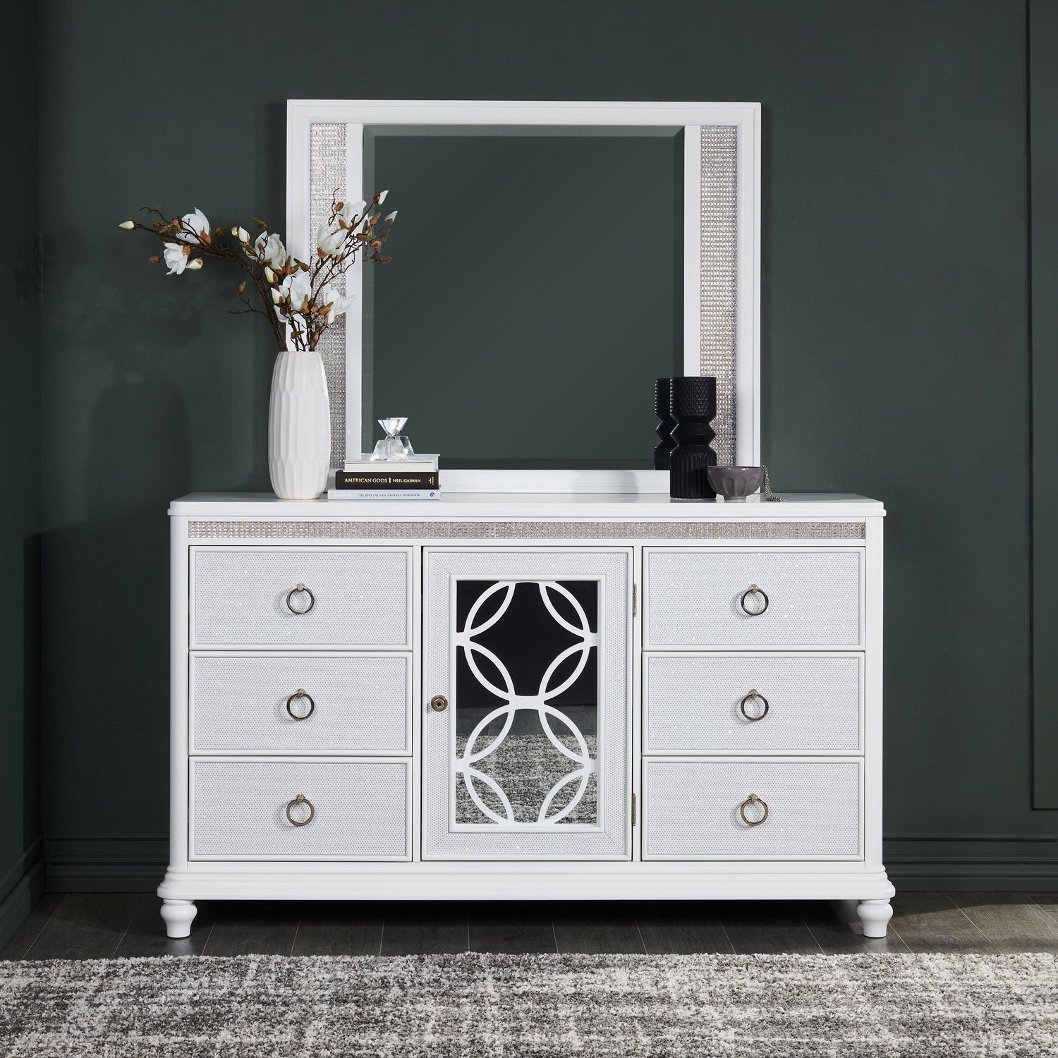 Ava Bedroom Dresser Mirror with LED Light, Glam - White Ava Bedroom Dresser Mirror with LED Light, Glam - White