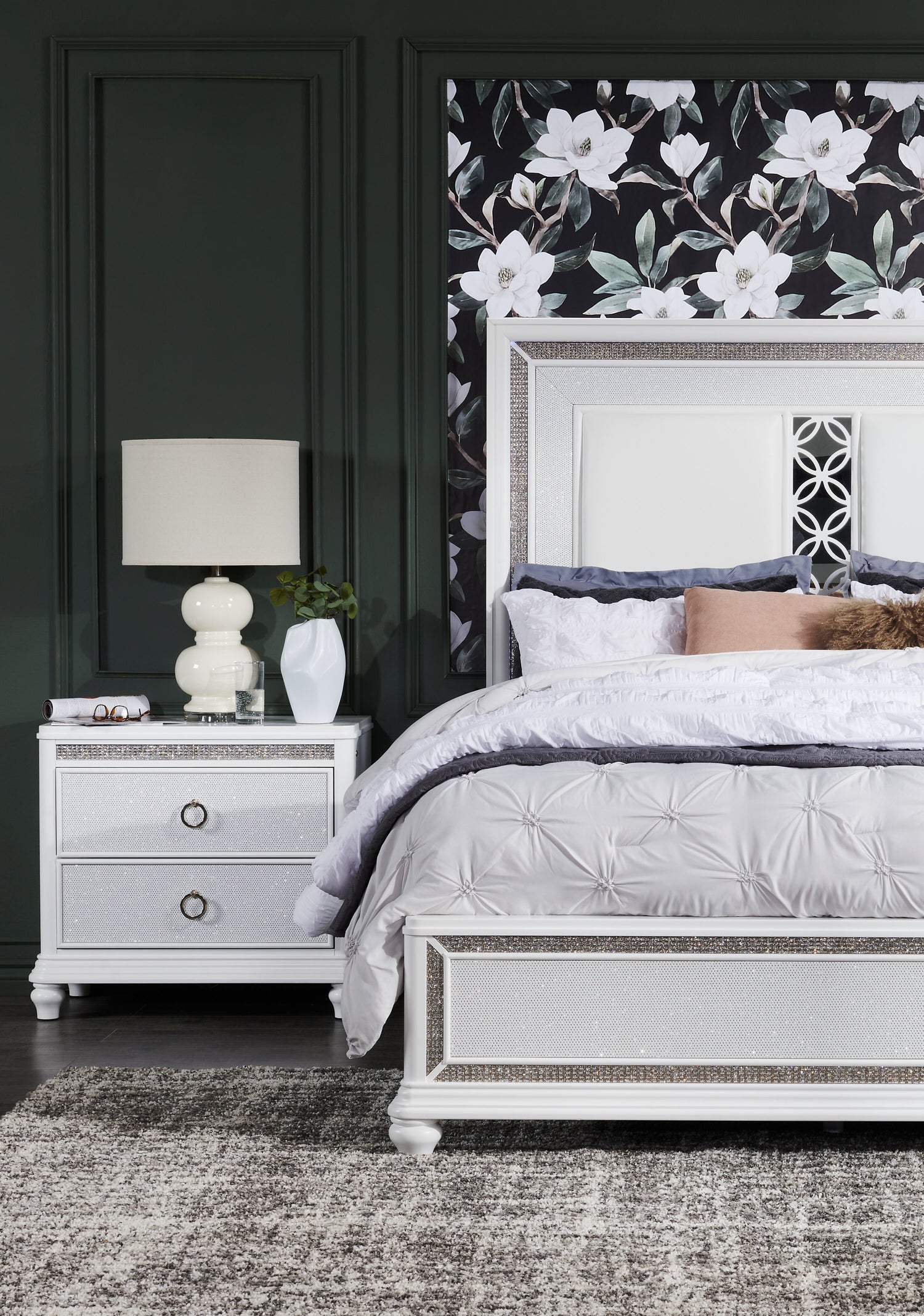 Ava Panel Bed with Headboard Frame, LED, Glam, White Queen