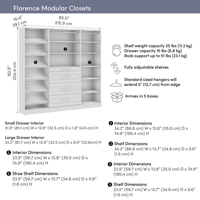 Bestar Florence 85\" Modular Reach-In/Walk-In Closet System with Drawers and Shoe Shelves Shaker Style - White