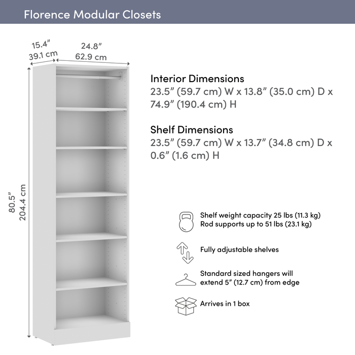 Bestar Florence 25\" Modular Reach-In/Walk-In Closet System with Shelves - White