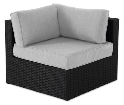 Barbados Corner Outdoor Patio Chair - Hand-Woven Resin Wicker, UV & Weather Resistant - Black/Grey | Fauteuil en coin Barbados pour la terrasse à l’extérieur - osier en résine tressé à la main, résistant aux rayons UV et aux intempéries - noir et gris
