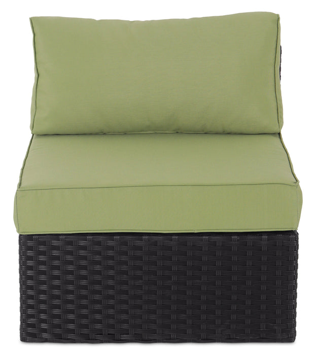 Barbados 6-Piece Outdoor Patio Set with 3 Corner Chairs, 2 Armless Chairs & Ottoman - Hand-Woven Resin Wicker, UV & Weather Resistant - Black/Green